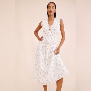 Rails Dion White  Floral Smocked Drop Waist Tie Front Midi Dress Size Medium